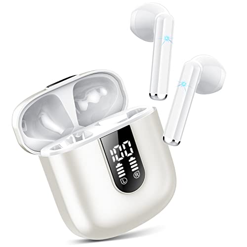 Bluetooth Kopfhörer In Ear, Kopfhörer Kabellos Bluetooth 5.3, Ultraleicht Ohrhörer mit HD Mikrofon, Herausragender Sound Musik Streaming bis zu 30 Stunden, LED-Anzeige, IP7 Wasserdicht, Perlweiß-1