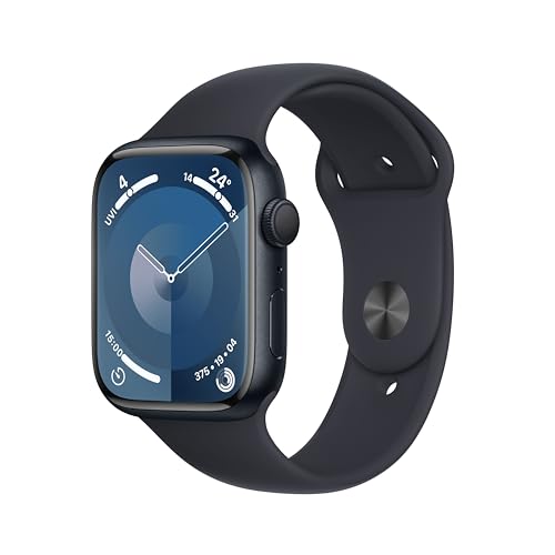 Apple Watch Series 9 (GPS, 45 mm) Smartwatch mit Aluminiumgehäuse und Sportarmband S/M in Mitternacht. Fitnesstracker, Blutsauerstoff und EKG Apps, Always-On Retina Display, Wasserschutz-1