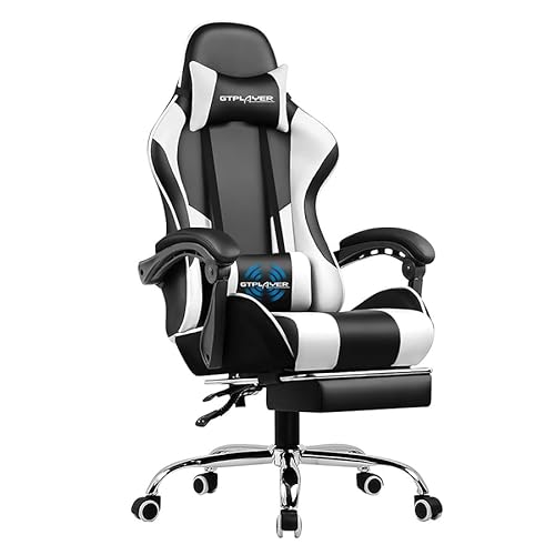 GTPLAYER Bürostuhl Gaming Stuhl Massage Gaming Sessel Ergonomischer Gamer Stuhl mit Fußstütze, Kopfstütze Massage-Lendenkissen, Gepolstert Gaming Chair, Drehsessel Weiß-1