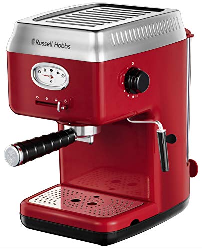 Russell Hobbs Espressomaschine [Siebträgermaschine] Retro Rot (15 Bar, 2 Tassen-Einsätze, 1,1l abnehmbarer Wassertank, Dampf-Milchschaumdüse, Portionierlöffel mit Tamper) Kaffeemaschine 28250-56-1