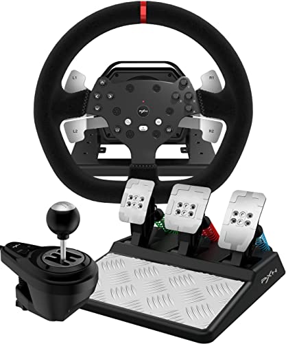 PXN V10 Driving Force Gaming Lenkrad mit Pedalen und Schalthebel - Force Feedback Lenkräder mit 270/900° Lenkbereich, Tool App, Paddle Shifters, Rennlenkrad für PC, PS4 and Xbox-1